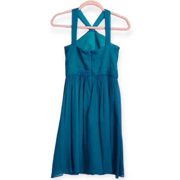 J Crew Sinclair Silk Dress Lined Halter Teal Blue size 4 Party Cocktail Formal - Picture 2 of 10